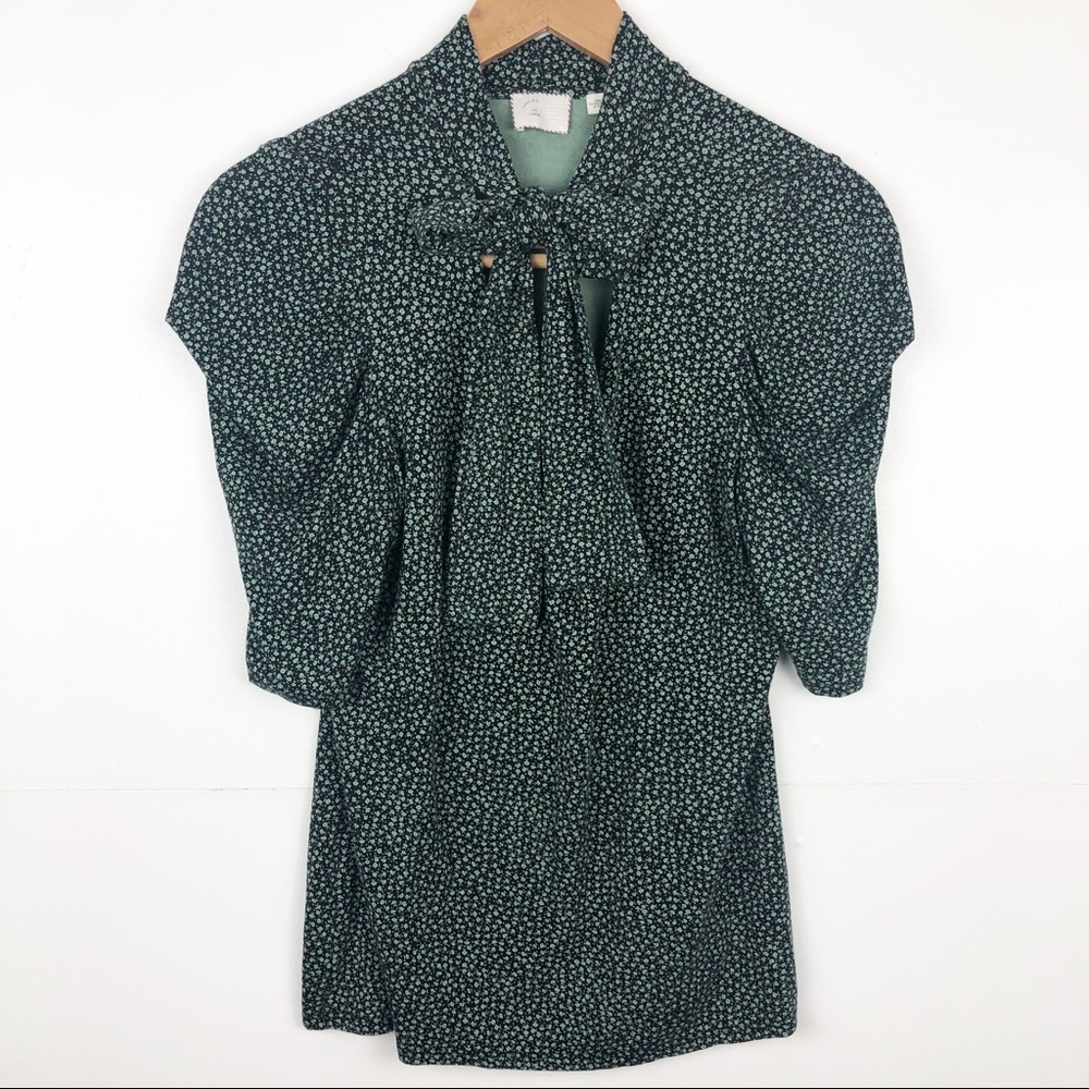 Anthropologie | Tie-Neck Puff Sleeve Floral Blouse